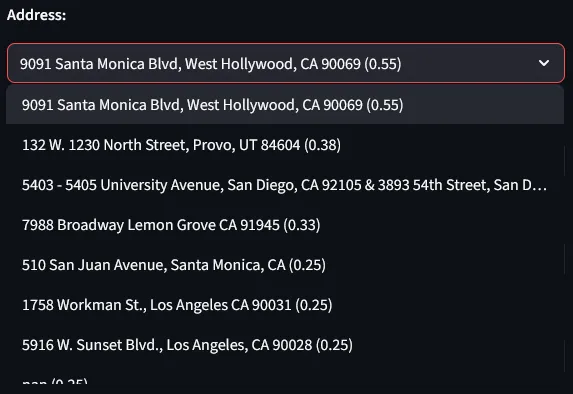 Address dropdown with confidence scores