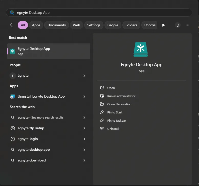 Egnyte Desktop App in Windows search