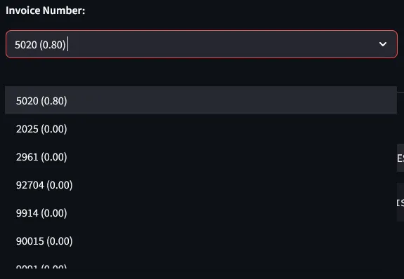 Invoice number dropdown with alternatives