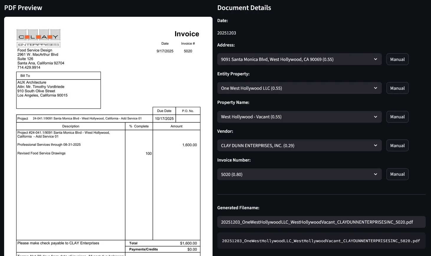 PDF preview with extracted details