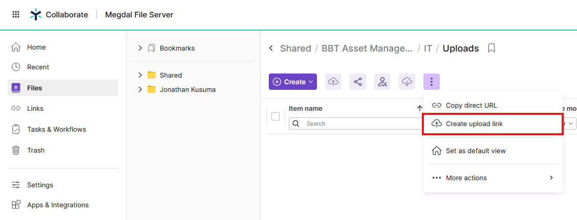 Create upload link menu