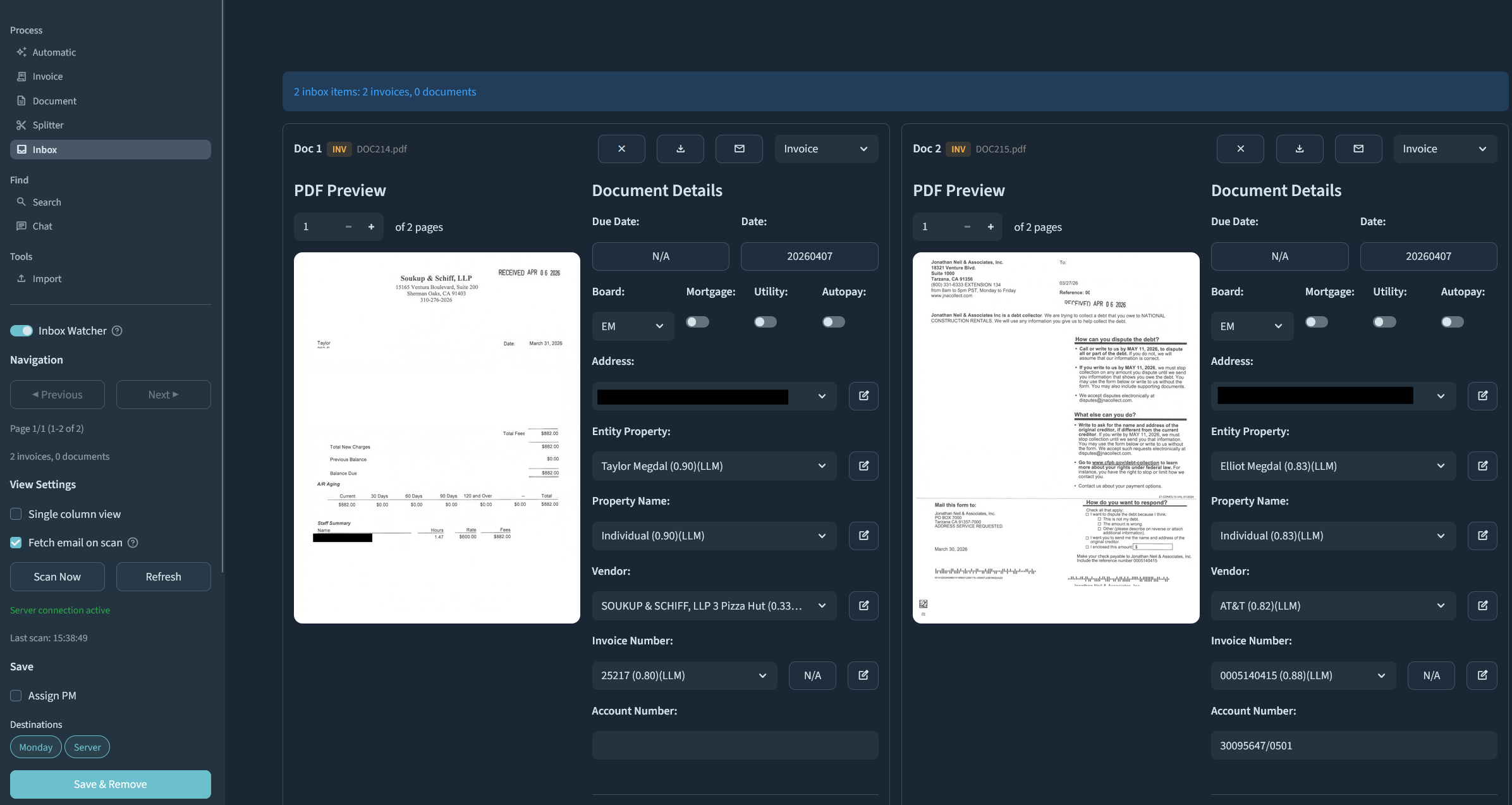 Inbox page showing two processed invoices in 2-column layout
