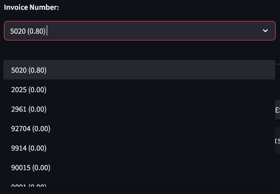 Invoice number dropdown with alternatives