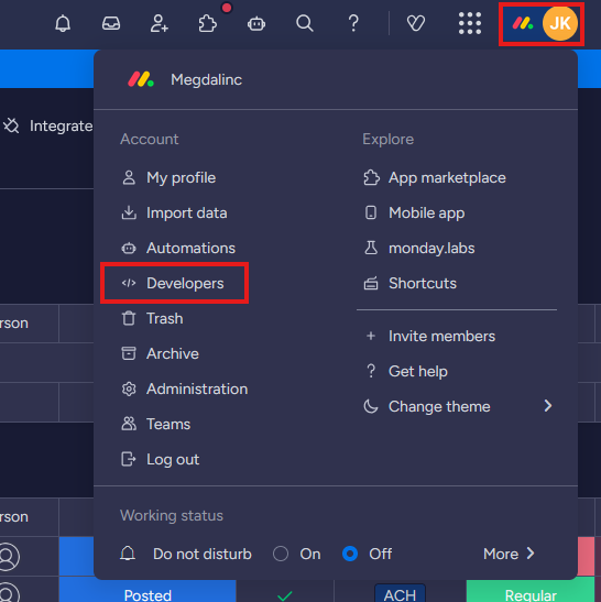 Monday.com account menu