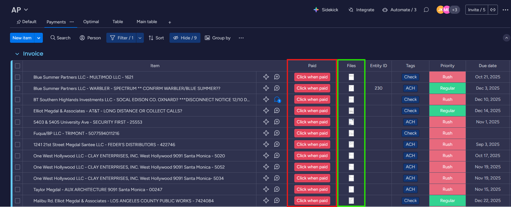 Monday.com payment list with Done button highlighted