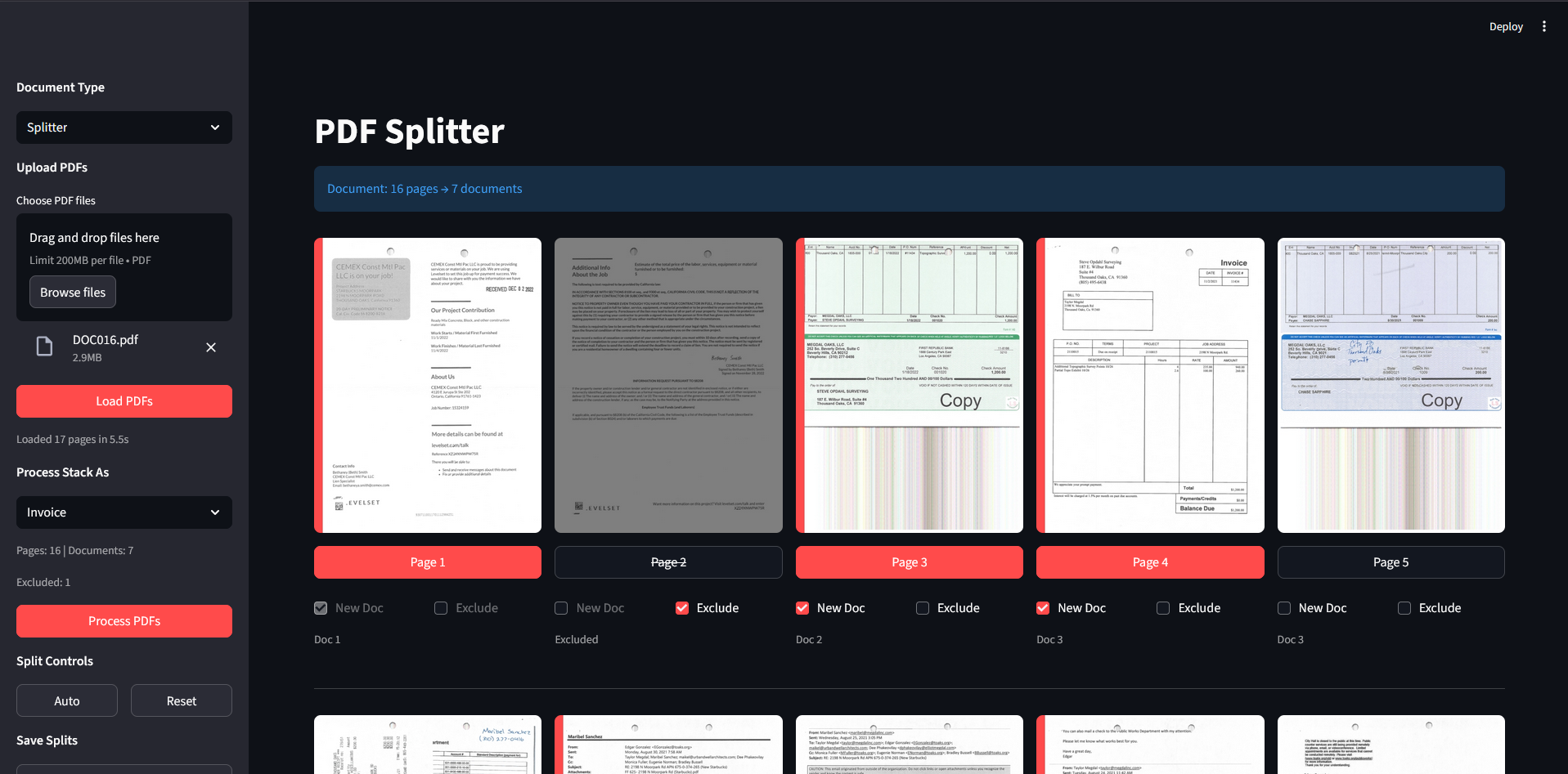 PDF Splitter dashboard