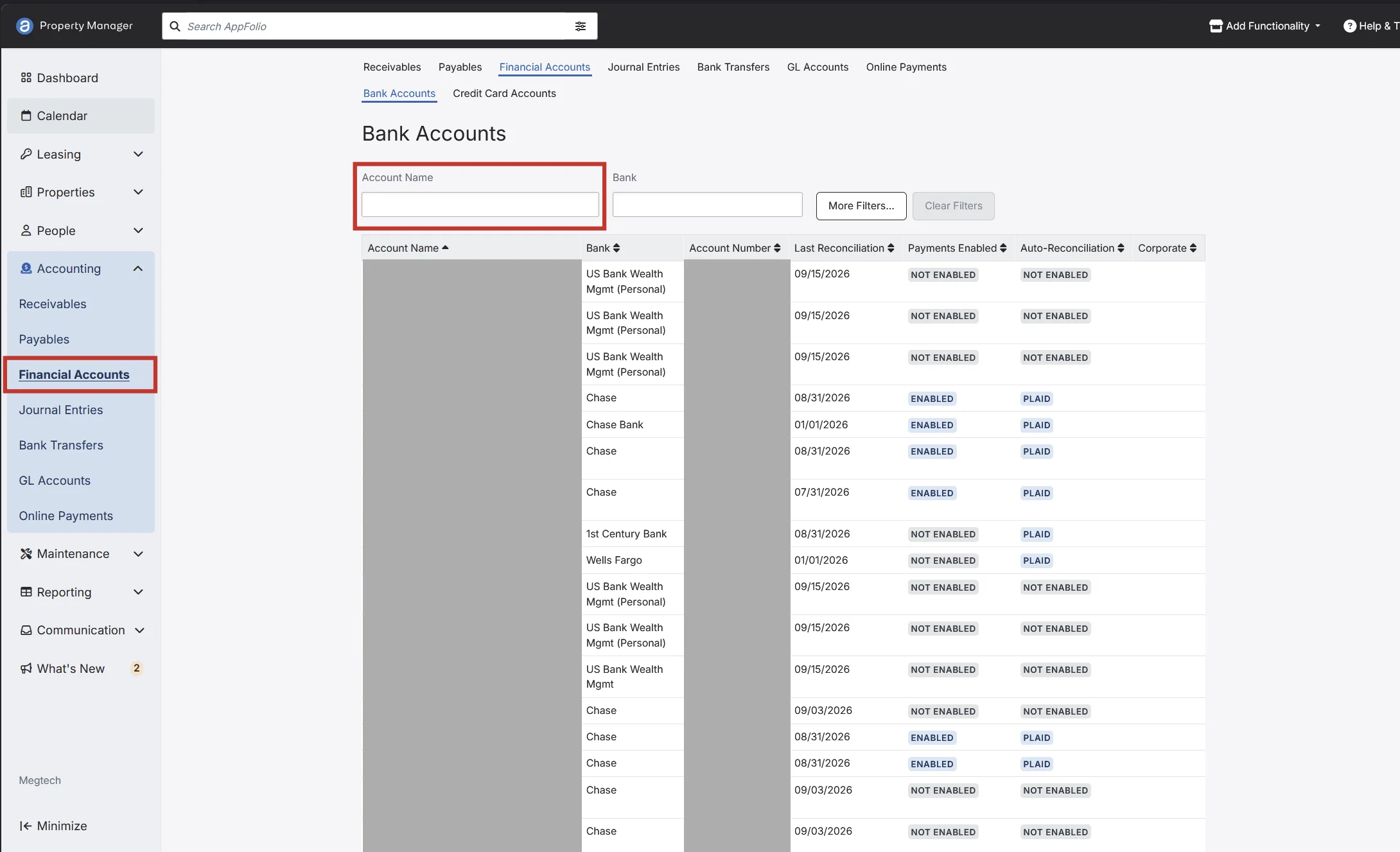 Bank Accounts page with Financial Accounts highlighted in the left nav and the Account Name filter highlighted