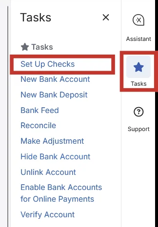 Bank account detail page with Set Up Checks highlighted in the Tasks panel
