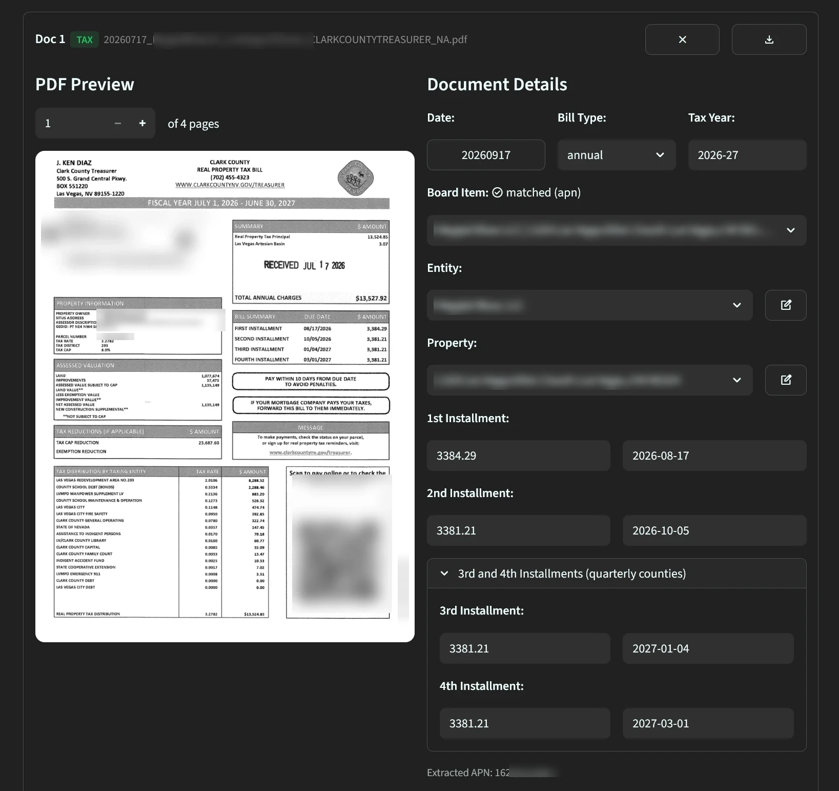 Processed bill showing the match, entity, property and installments