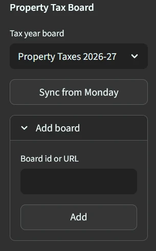 Property Tax board picker in the sidebar