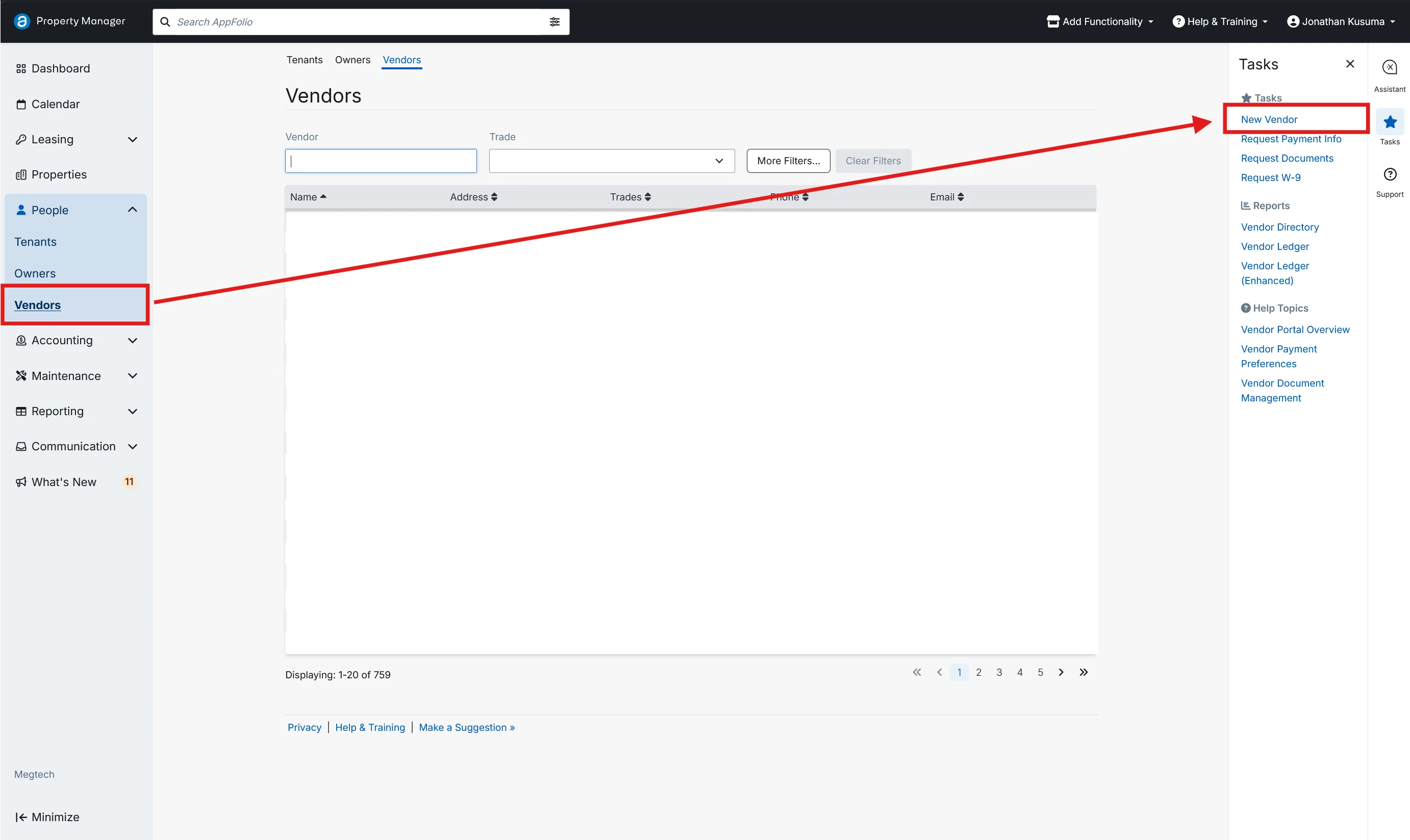 Vendors page with Vendors highlighted in the left nav and New Vendor highlighted in the Tasks menu