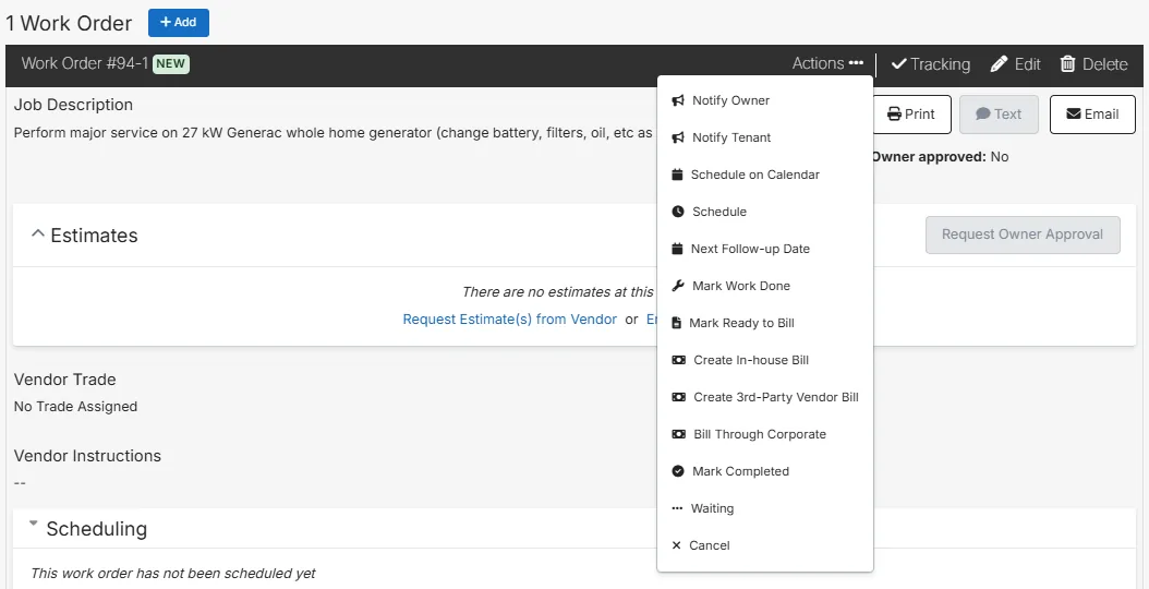 Actions menu open on a work order