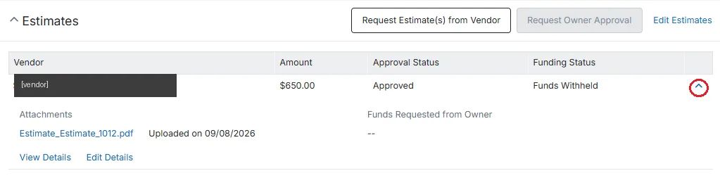 Estimates block showing a submitted estimate with its approval and funding status