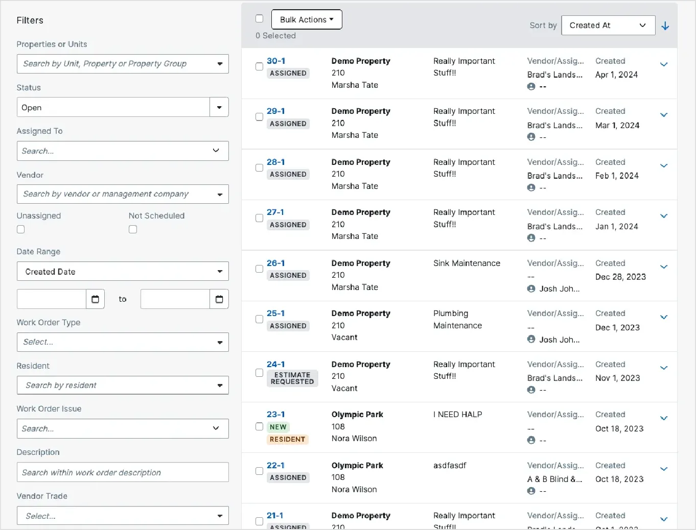 Work Orders index with the advanced filter panel open
