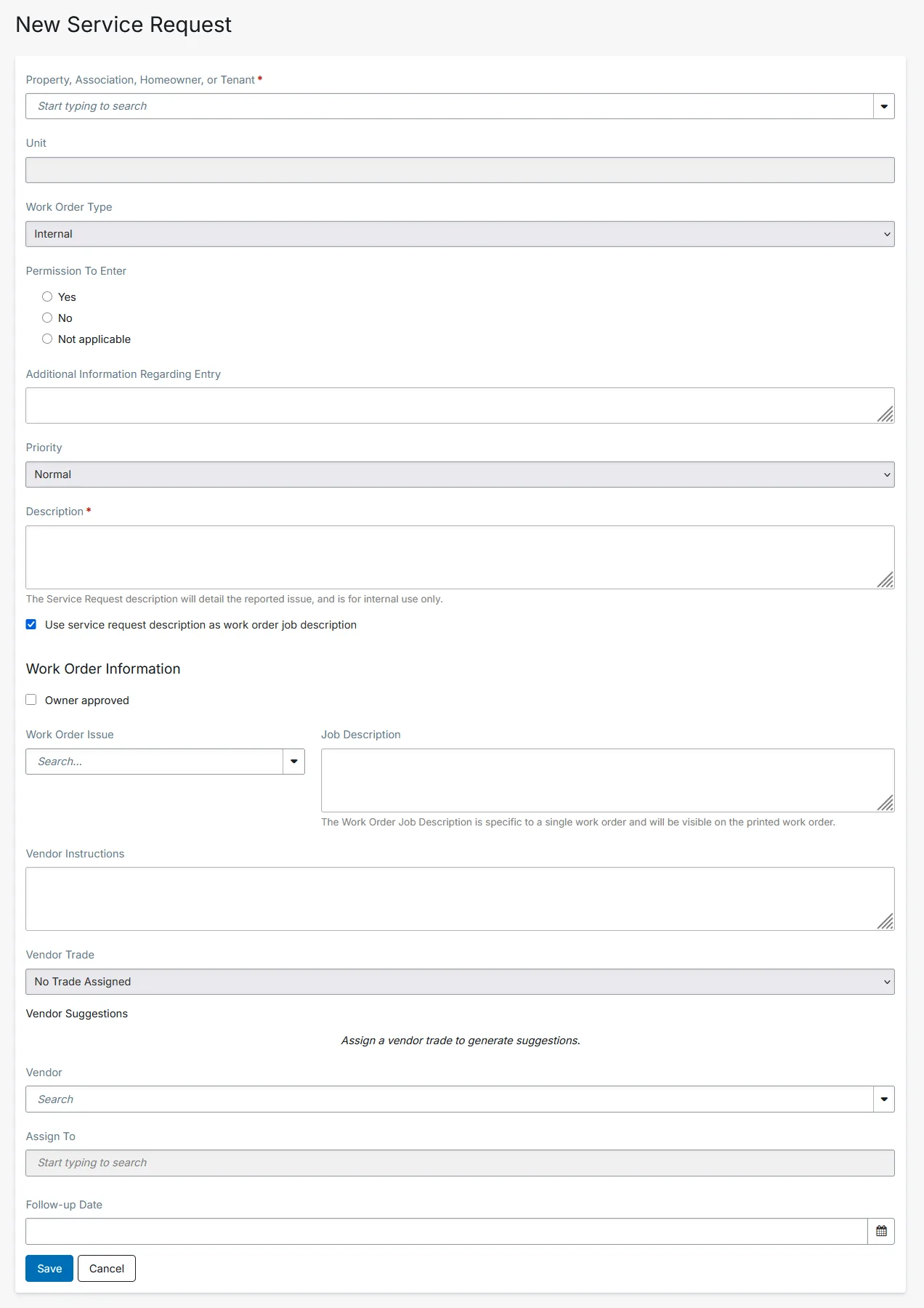 New Service Request form