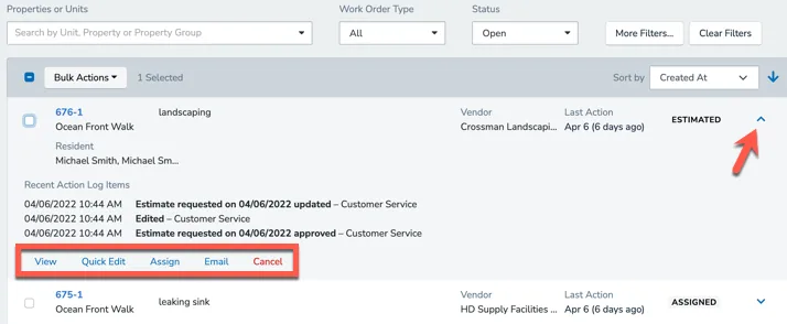 Expanded work order row with quick actions
