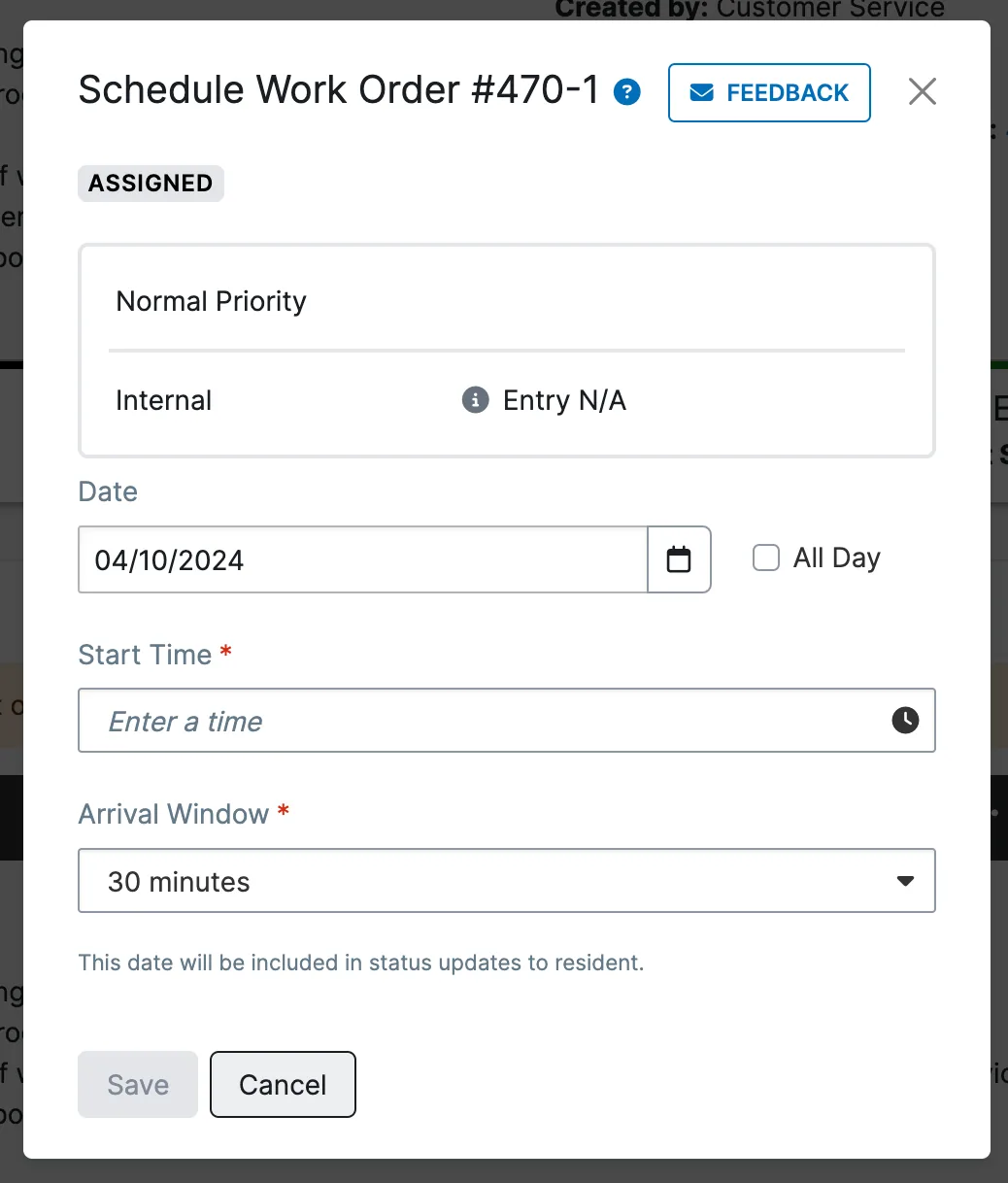 Schedule work order dialog